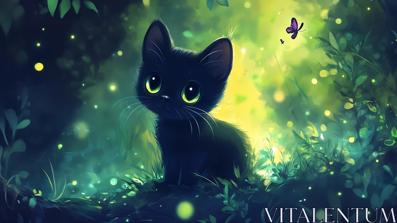 Black Cat with Luminous Eyes in Enchanted Forest.