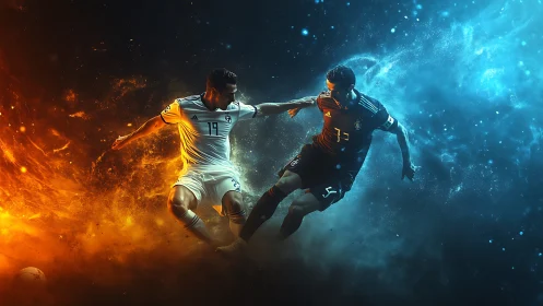 Dueling cosmic footballers clash between fire and frost fields.