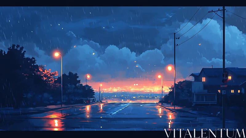 Rainy suburban street facing glowing distant city lights.