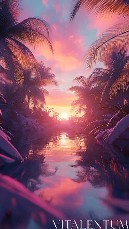 Dreamy tropical river glowing under a soft pastel sunset.