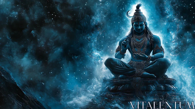 Digital painting of cosmic meditative deity in blue aura focus.