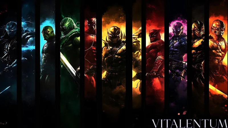 Armored humanoid figures are segmented by vertical color bands