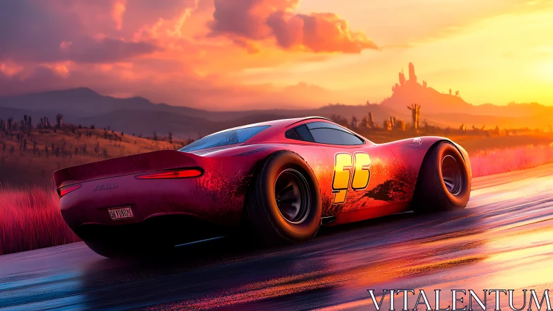 Sunlit red racer drifting along a neon desert highway.