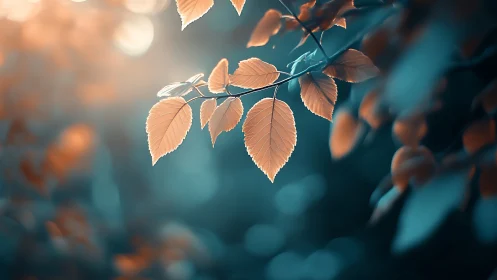 Golden autumn leaves on branch, dreamy bokeh nature photography.