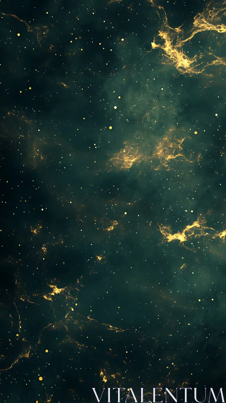 Golden nebula clouds glow softly in a deep cosmic void