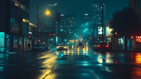 Rain soaked city intersection under neon night lights.