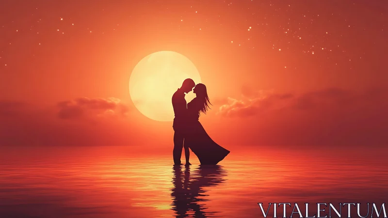 Silhouetted Couple's Romantic Kiss Against Luminous Solar Orb.
