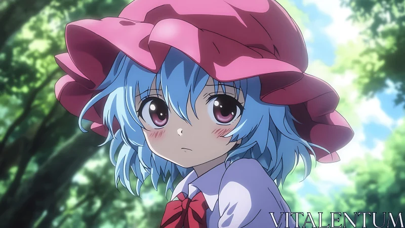 Anime girl with pink hat under soft forest daylight.