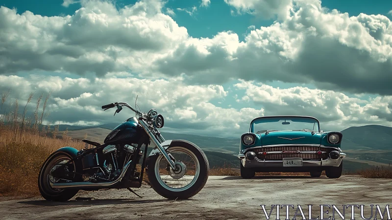 Classic motorcycle and vintage car pause under sweeping skies
