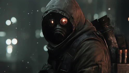 Hooded gas mask figure in dim urban environment.