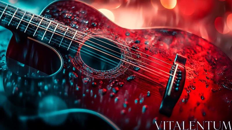 Close-up of wet red acoustic guitar under colored lights.