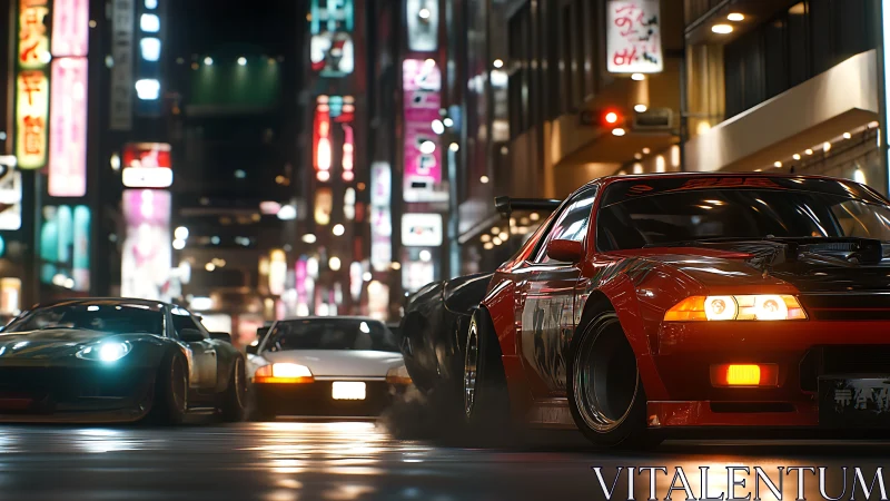 Nighttime urban drift sequence with tuned street racers.