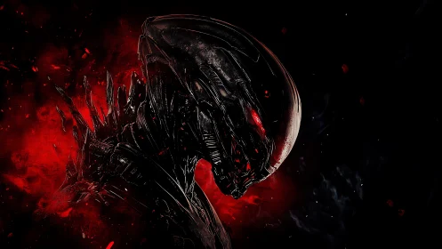 Nightmarish biomech alien emerges from burning crimson void