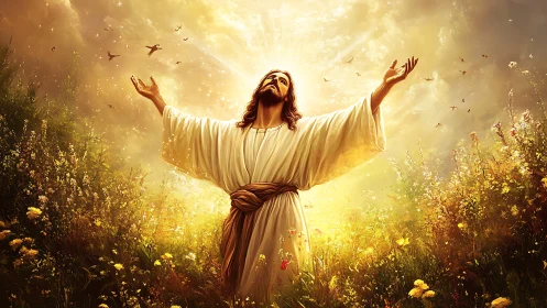 Radiant robed figure ascends amid golden celestial bloom