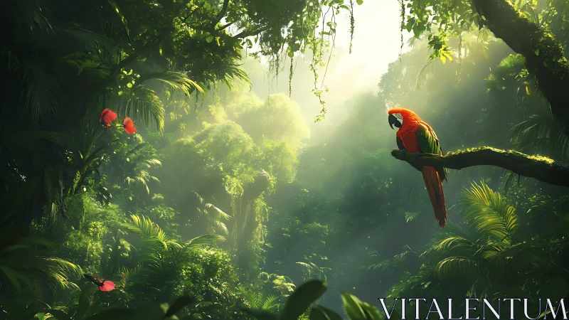 Macaw on canopy branch in volumetric rainforest light field.