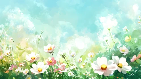 Field of blooming flowers with layered sky atmosphere