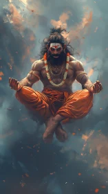 Muscular meditating sage levitates in stormy atmospheric clouds