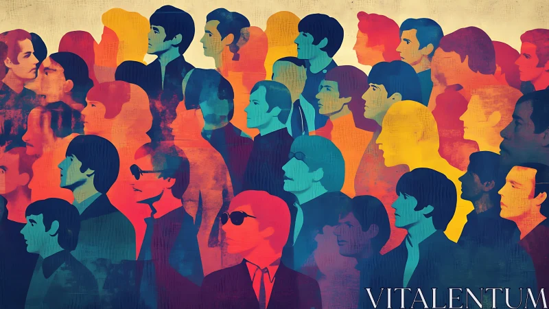 Colorful layered silhouettes portray a crowded, vibrant crowd.