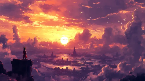 Sunset watcher gazes over a dreamy cloud-wrapped city