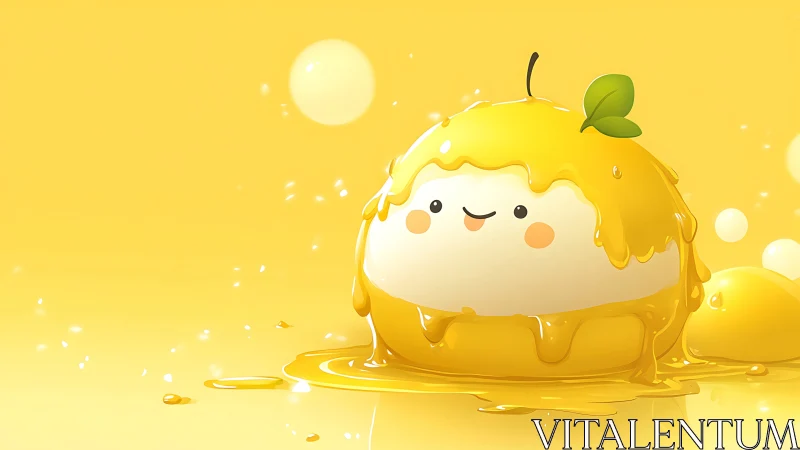Digital painting of kawaii lemon custard blob with dripping glaze.