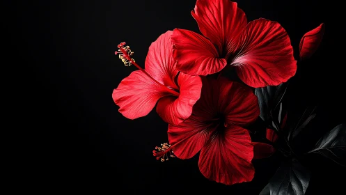 Crimson Hibiscus Blooms Against Stark Black Background with Dramatic Lighting