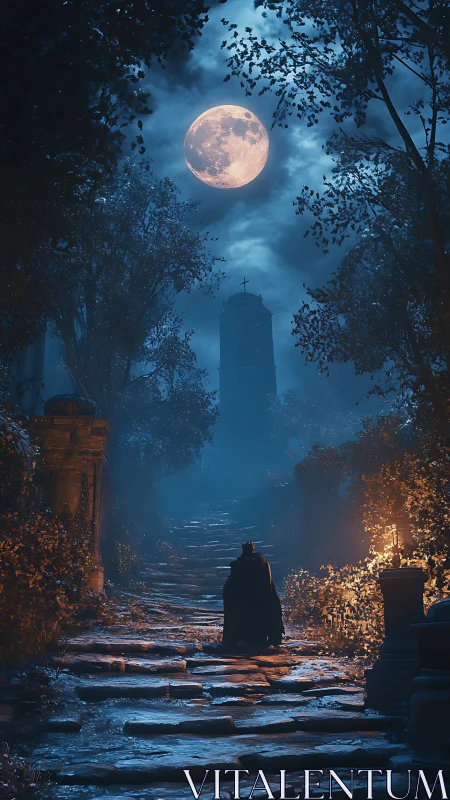 Moonlit stone path toward a lonely tower and quiet mystery.