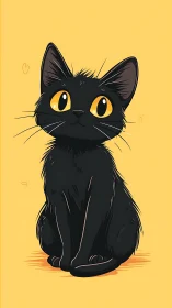 Black Cat with Golden Eyes Against Yellow Background.