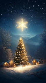 Snowy night Christmas tree with glowing star and cabins.
