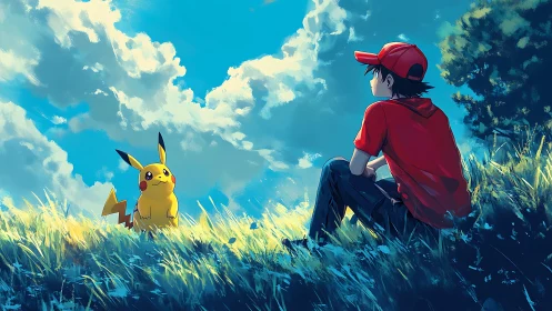 Trainer and Pikachu resting together on sunny grassy hill.