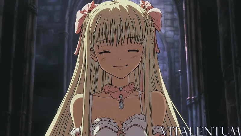 Smiling blonde anime girl stands in dim stone corridor