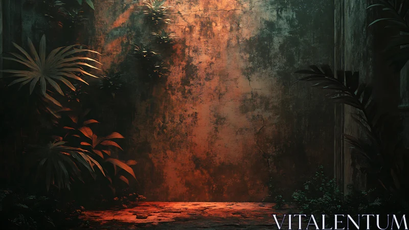 Overgrown concrete courtyard under warm rust light glow.