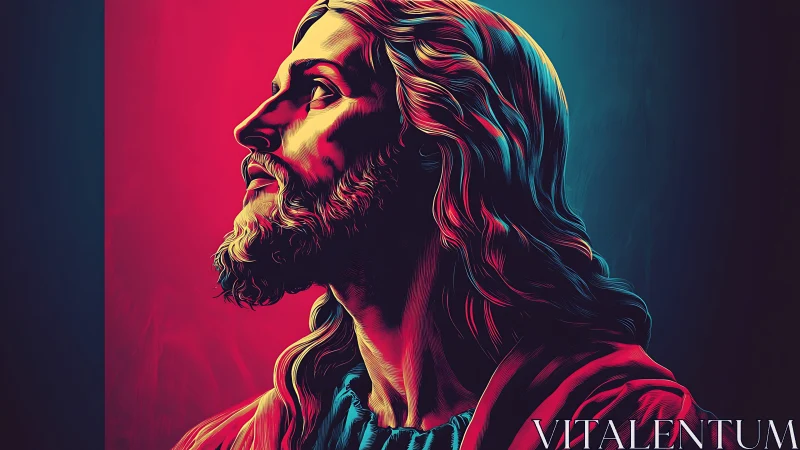 Chromatic sacred portrait with dual-tone directional lighting.