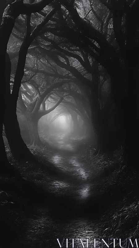 Monochrome tunnel forest path under entwined silhouettes.