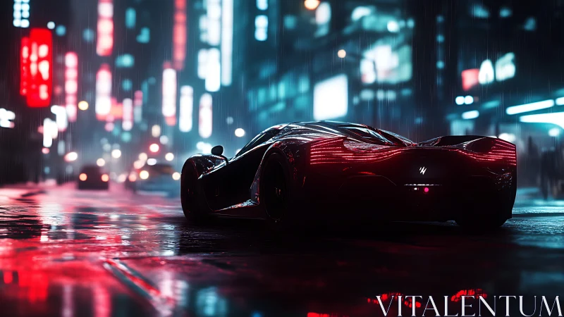 Futuristic supercar under neon rain in cyberpunk city street.