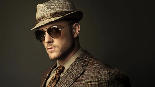 Retro styled portrait with plaid suit, trilby, and aviators.