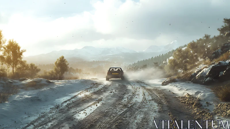 Off-road vehicle accelerates along sunlit winter mountain track