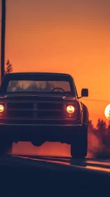 Golden hour pickup cruising into a glowing summer sunset.