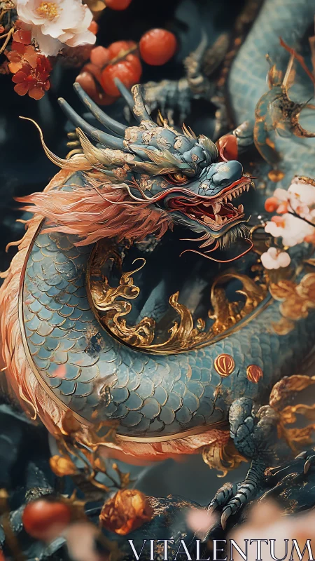 Imperial azure dragon coiling through blossoms and gold.