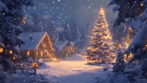 Snow-covered village square illuminated by dense Christmas tree lights