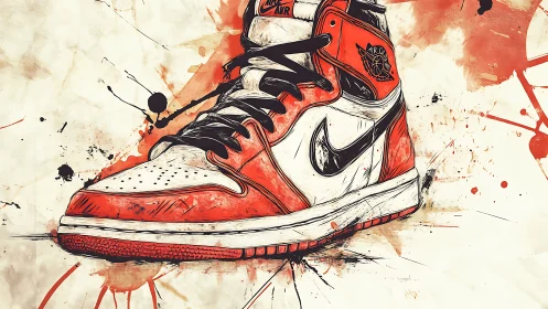 High-top sneaker illustration with ink linework and splatter dynamics