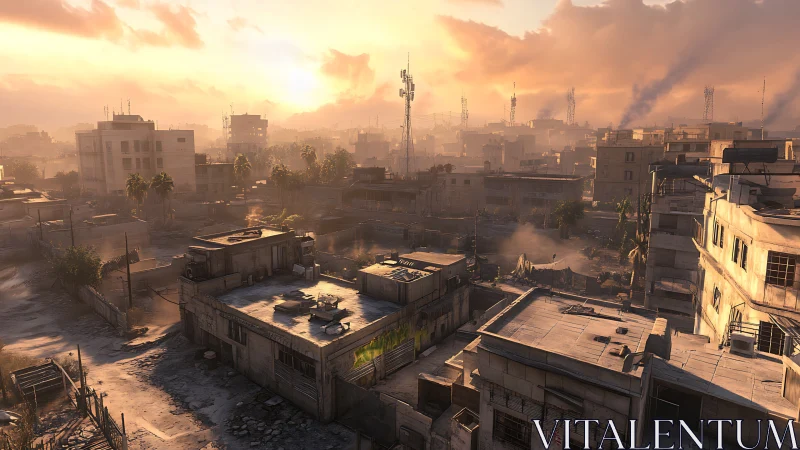Photorealistic war-torn urban skyline at smoke-filled sunset.