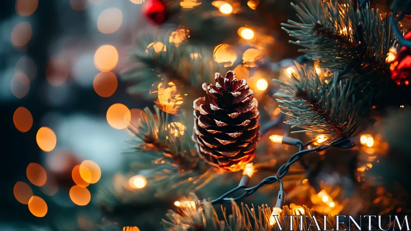 Frosted pinecone basks in cozy constellations of fairy light