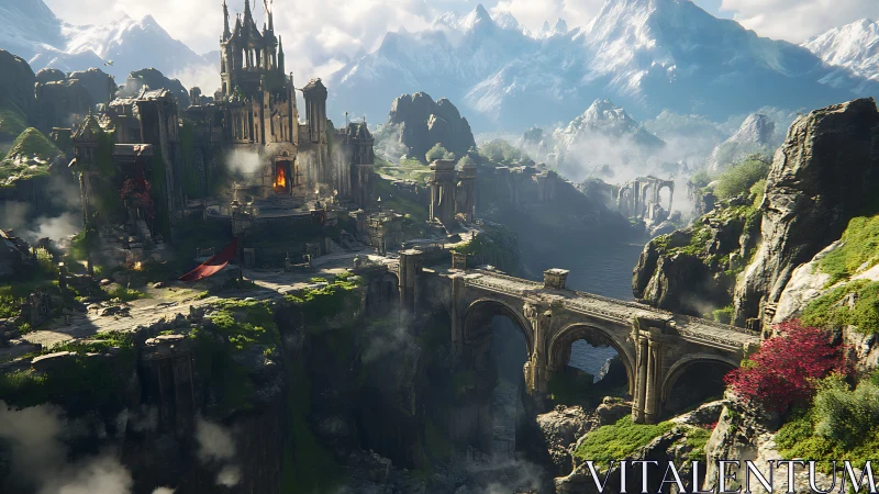 Epic stone fortress and bridge in misty mountain valley.