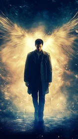 Male figure with luminous wings in dark atmospheric space.