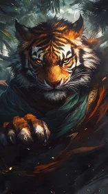 Cloaked tiger portrait in dynamic digital fantasy composition.