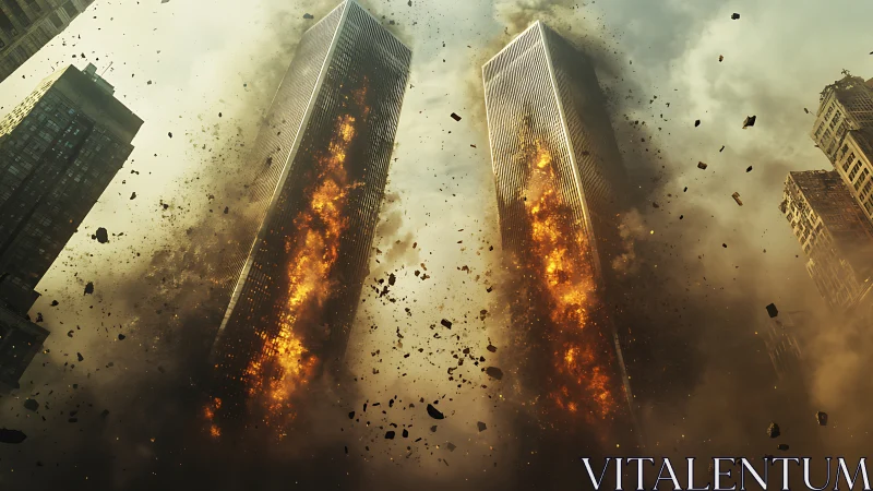 Twin high-rise towers engulfed in vertical fire columns.