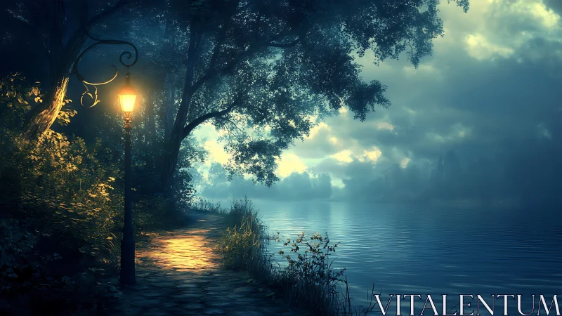 Lamp lit forest path beside calm misty blue lake at dusk.