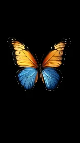 Orange and blue butterfly on black isolated background.