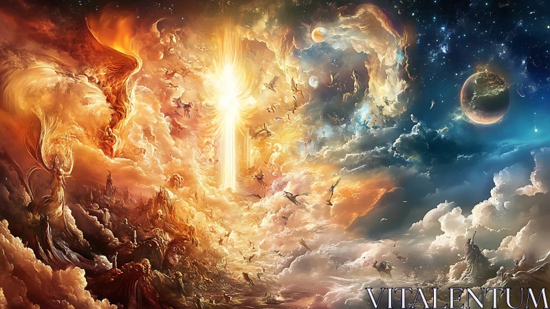 Celestial stormgate between blazing dawn and star-drenched void.