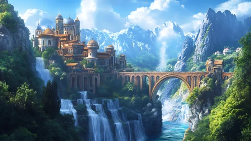 Sunlit citadel bridges waterfalls and snow-ringed horizons